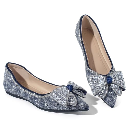 Women's Pointed Toe Flats Diamond Bow Sequin Comfortable Slip On Flats Light Weight Dress Shoes
