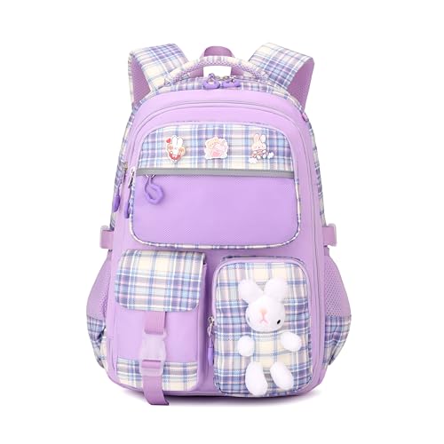 Girls School Backpacks Kids Bookbags for Primary Elementary High Students Teen Girls Cute 17inch Book Bag (Purple-Buny)