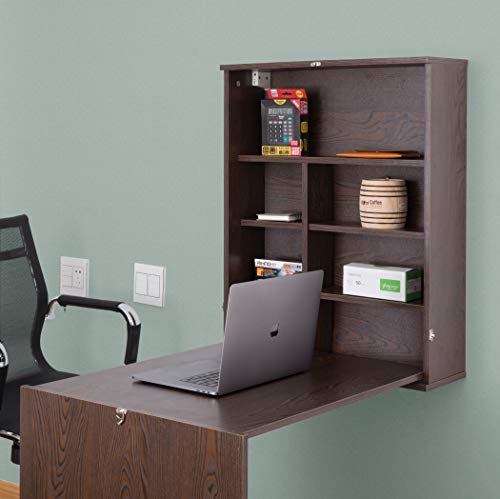 Image of Basicwise Wall Mount Laptop Fold-Out Desk with Shelves, Brown,