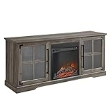 Walker Edison Rustic Farmhouse Wood and Glass Fireplace TV Stand with 2 Cabinet Doors for TV's up to 65', 60 Inch, Grey