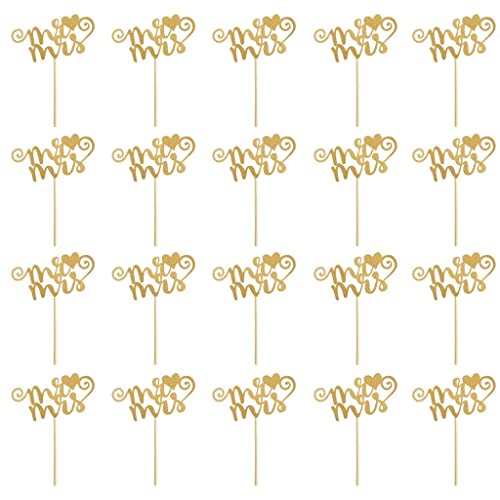 HEAVENGLOW 20x Glitter Paper Wedding Mr & Mrs Heart Cake Cupcake Topper Pick Decor Gold