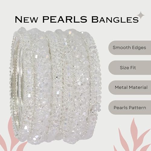 Image of NMII Stylish Pearls Alloy Metal Kada Bangles Set For Women and Girls | Fancy Metal Bangles | Trendy Design Bangles For Girls | Wedding, Party, Shadi Fashion Jewellery-Set of 6 Bangles