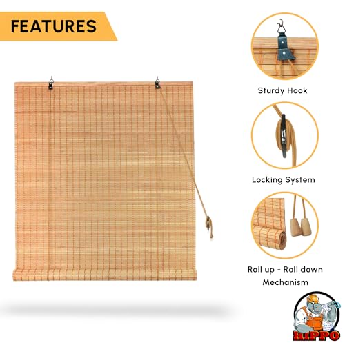Image of HIPPO Bamboo Curtains - W-4 FT X H-9 FT Rope Mechanism Roll Up Down Indoor Bamboo Shade for Sun & Dust Protection for Home Window, Balcony, Restaurant, Hotel, Resort (Natural Wood)