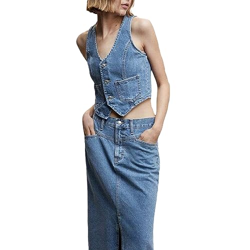 Denim Vests for Women Y2K Sleeveless V Neck Button Down Jean Vest Vintage Denim Crop Tank Top Bustier Top Streetwear4