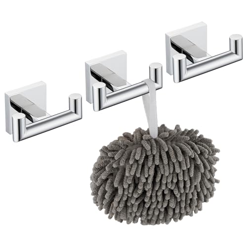 Image of KOKOSIRI Robe Hook Bathroom Double Towel Coat Hooks for Bath Kitchen Wall Mounted, 3 Pack Chrome Stainless Steel B1015CH-P3
