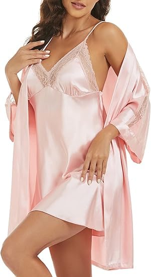 Women's- 2 Pc Hot & Sexy Nightwear Set- Satin - Sexy Lace Chemise with Kimono Robe (Nude Peach, Free Size)