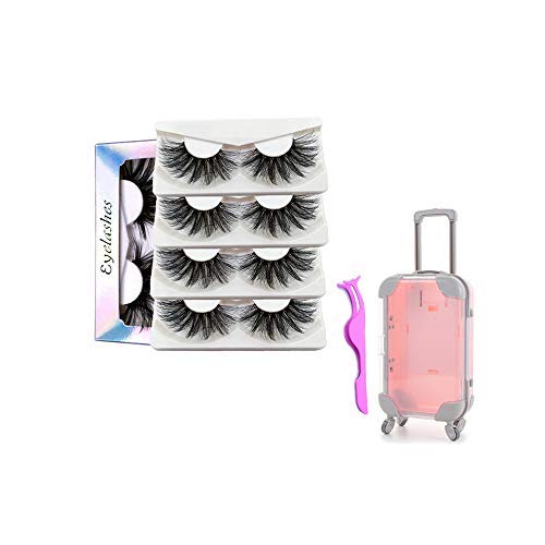 Kuuans 4 Pair 3D Mixed Styles Wispies Fluffies Criss-cross Eye Makeup Tools Thick Long Lash Extension, One Pink False Eyelashes Box and One Stainless Steel Clip (Random Color)