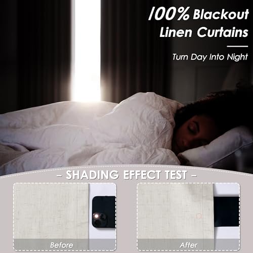 Image of Cream 100% Blackout Linen Curtains 120 Inches Long for Bedroom Back Tab Room Darkening Black Out Curtain Modern Farmhouse Decor Neutral Luxury Floor to Ceiling Drapes for Living Room 52x120,2 Panels