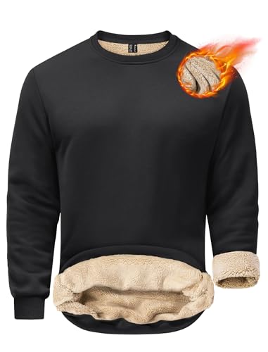 EKLENTSON Sherpa Lined Sweatshirts Men Crew Neck Fleece Jumpers Winter Thick Work Fleece Tops Thermal Cotton Casual Pullover Sweater Tops,Black,XXL