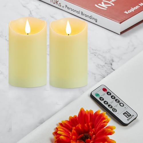 Image of Flameless Candles with Rechargeable Battery, 3 inch x 4 inch, Set of 2, Electronic Candles with Remote and Timer, led Pillar Candles Real Wax 3D Wick, led Ivory Candles for Home, Wedding, Birthday