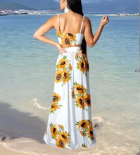 Image of Women Sexy 2 Piece Outfits Dress Chiffon Strap Deep V Neck Bra Crop Top High Split Maxi Dresses Skirt Set
