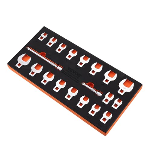 VEVOR Crowfoot Wrench Set, 3/8" Drive 20-Piece Crows Foot Wrench Set with 2 Extension Bars and EVA Tool Organizer, SAE 3/8"-7/8" and Metric 10-22 mm, 40CR Material with Mirror Chrome Finish