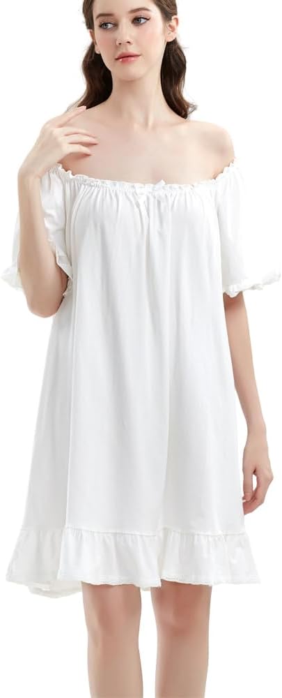 Women Cotton Nightdress Short Sleeve Vintage Nightgown Off the shoulder Loose Princess Dressing Gown - Image 6