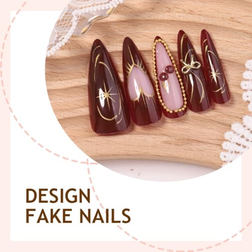 Image of Red Press on Nails Long Stiletto Fake Nails Bow Charm with Gold Design Heart Glue on Nail Glossy Full Cover Valentines Stick on Nail for Women Manicure DIY Decoration 24Pcs