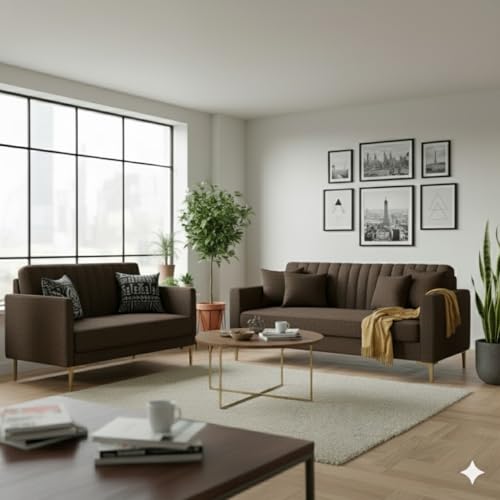 Image of 3+2 Seater Velum Fabric Sofa Set for Living Room, Modern Design with High Density Foam, Solid Wood Frame, Ergonomic Comfortable Seating for Home & Office (Dark Brown, 3+2 Seater) | Soft foam comfort, Strong wood frame