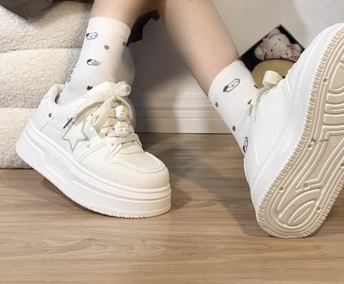 Cute Chunky Sole White Star Shoes Platform Casual Walking Sneakers for Women - Fashion Slip on Sneakers Lace up Aesthetic Shoes Cute Cat Shoelace Kitten Charm4