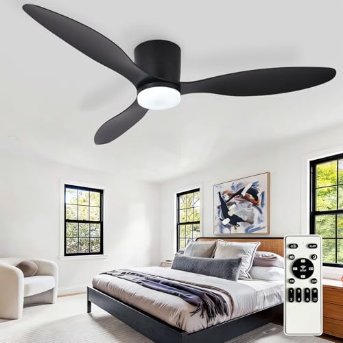 Image of Depuley Flush Mount Ceiling Fan: 52-Inch Black Ceiling Fans with Lights for Bedroom Indoor Outdoor - Low Profile Ceiling Fans with Remote Control 24W 3CCT Dimmable 3 Reversible Black Blades 6 Speeds