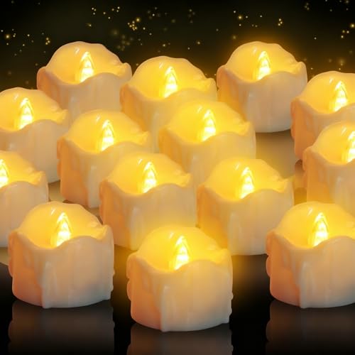 wiipara 12 Stück LED Teelichter, Flammenlose LED-Kerzen mit Timerfunktion, Realistische Batteriebetriebene LED Candles, Tropfwachs, Flackernde Flamme für Hochzeit Halloween Weihnachten Wohndekoration