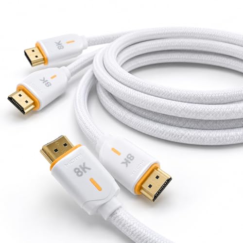 Pacroban HDMI 2.1 Cable 10ft 2-Pack White – Braided 8K 60Hz / 4K 120Hz, eARC HDMI Cord for TV, Soundbar, PS5, Monitor, Projector (ChicTwin Value Pack)