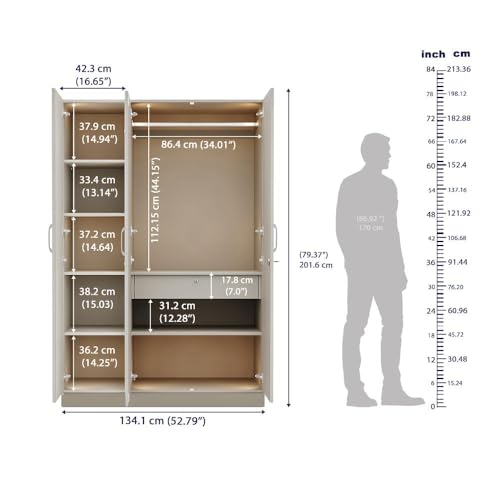 Image of Wakefit Wardrobe for Bedroom | 3 Yr Warranty | Cupboard for Bedroom, Almirah, Wooden Wardrobe, Comes with LED light, Storage Drawer, Mirror & Hanger, Density:680-750kg /m, Free Installation(Tyrian-CB)