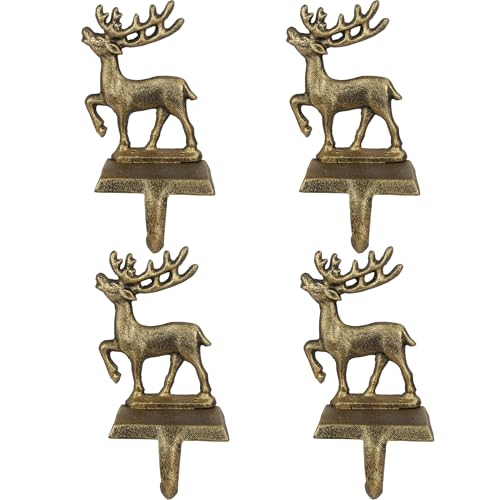 OCTERIC 4Pcs Stocking Holders, Reindeer Pattern Metal Mantel Hooks, Anti-Slip Heavy Duty Solid Cast Iron Mantle Hangers Xmas Décor for Fireplace Holiday Indoor Decoration