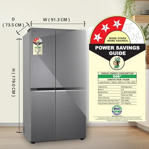 Image of LG 650 L, 3 Star, Smart Inverter Compressor, Convertible, Door Cooling+, Frost Free Double Door Side by Side Refrigerator (GL-B257HDS3, Dazzle Steel, Express Freeze)
