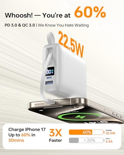 Image of Portable Charger 50000mAh Power Bank,Portable Phone Charger with 2 Built in Cables,22.5W Fast Charging Travel Essentials Battery Pack for iPhone /iPad /MacBook /Android /Samsung Galaxy, White