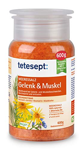 tetesept Meeressalz Badezusatz Gelenk & Muskel – Badesalz mit ätherischen Ölen zur schonenden Entlastung & Durchwärmung beanspruchter Muskel-und Gelenkpartien – 4er Pack (4 x 600 g)