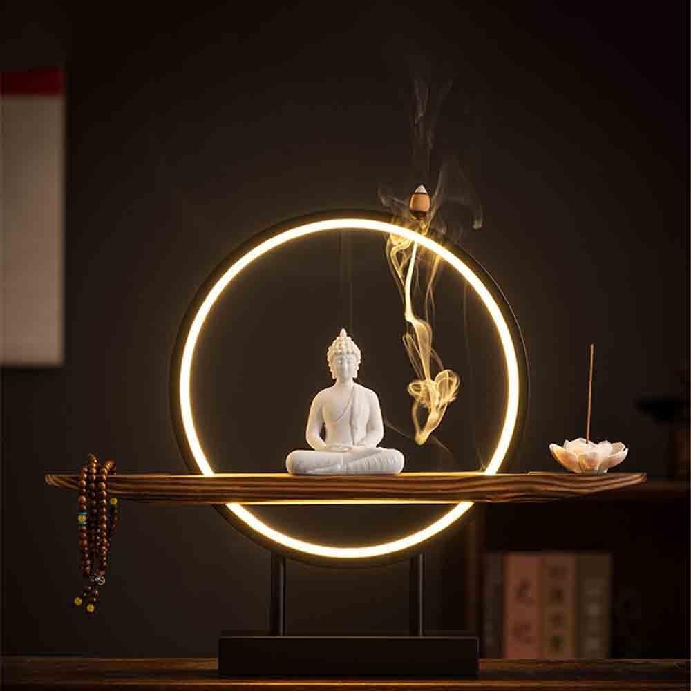 Decorazione della statua del Buddha Statua di Buddha in ceramica bianca, decorazione for la casa, soggiorno, ingresso, Feng Shui con anello luminoso circolare