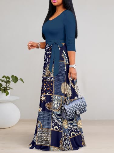 Image of PinkPatty Plus Size Maxi Dress for Women Casual V Neck 3 /4 Sleeve Boho Printed Long Dress with Pockets