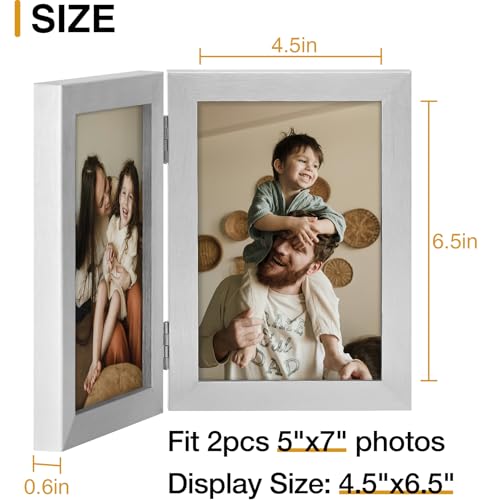 decorUhome Double 5x7 Picture Frame Vertical, Engineered Wood Bifold Photo Frame with Plexiglass for Tabletop Display, 5x7, Silver