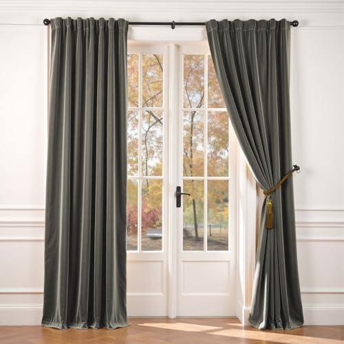 Image of Grey Velvet Curtains Modern Luxury Rod Pocket 62x90 Inch 2 Panels | Soft Velvet, Room Darkening, For Bedroom & Living Space, Light Shifting Texture, Elegant Drape, Cozy