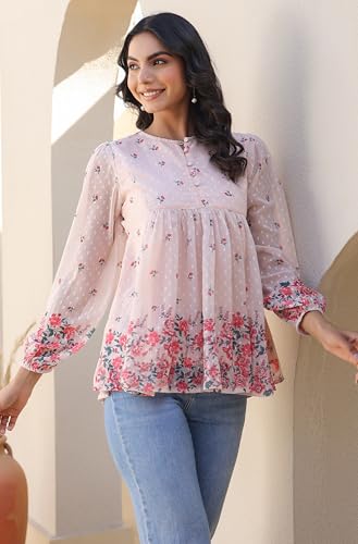 Image of Janasya Women's Peach Georgette Floral Print Flared Top