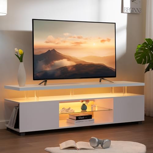 Cubehom TV Stand for 75+ inch TV, LED TV Stands for Living Room,White TV Cabinet,Long Entertainment Center for Living Room, Modern TV Table with Storage Bedroom,Home Office