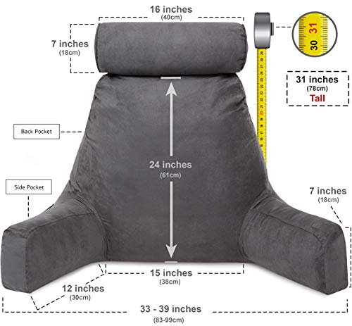 Husband Pillow Xxl Aspen Edition, Adult Reading Sit Up Bed Rest Pillow For Bed With Arms & Neck Roll On Bungee Cord - Premium Memory Foam - Reversible 2 Sided Cover Micro Suede Or Plush, Iron Grey #TOP1