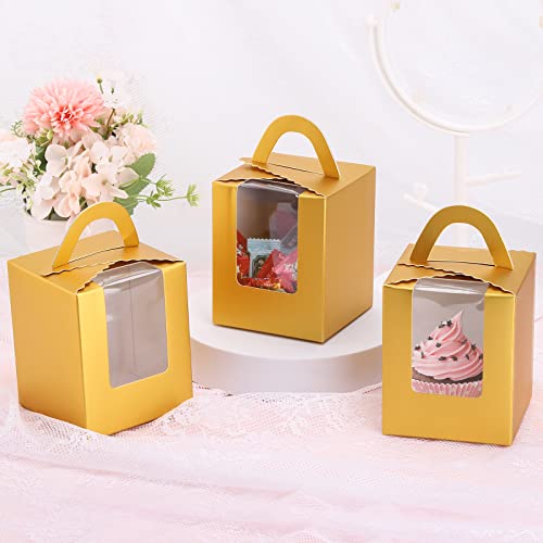 acDesign 100 Pcs Cupcake Holders Individual 3.6in*3.6in*4.3in Cupcake Boxes With Window Handle and Inserts for Bakery Wrapping Party Favor Packing(Gold) by acDesign - Image 4