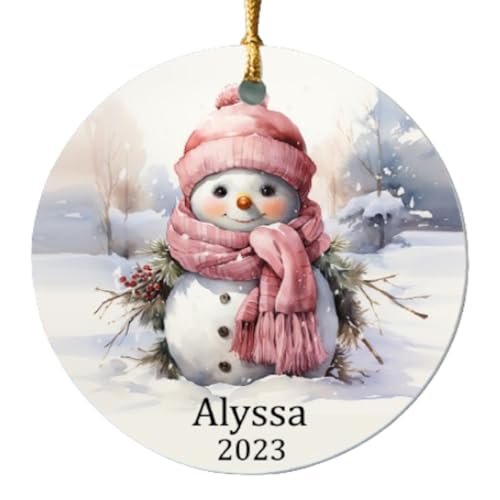 Personalized Pink Snowman Christmas Ornament -...