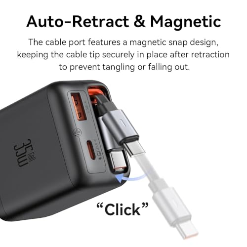 Image of Mcdodo USB C Charger 35W Fast Charger GaN with Built-in Retractable Cable 3 in 1 (3 Ports), Compatible with iPhone 17 Pro Max /16 /15, MacBook, Galaxy S25 /S24 Ultra, iPad, Switch
