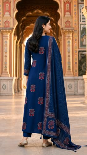 Image of Women's Cotton Kurta Sets for Women with Palazzo Pants with Dupatta for Woman | Pure Cotton 3 Piece Kurti Set | Women Suit Set for Daily