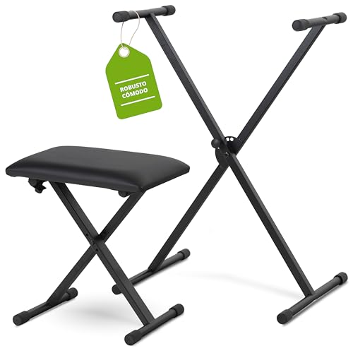 Classic Cantabile Set de Teclado Soporte de Teclado en X Ajustable en 5 Alturas   Banco para Teclado Acolchado Ajustable en 3 Alturas – Soporte Plegable Estable y banqueta cómoda   Negro