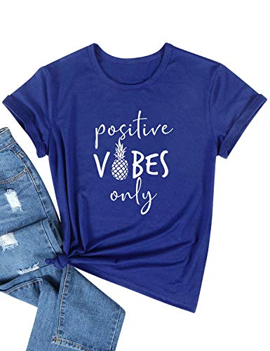 Nlife Women Positive Vibes Only Short Sleeve Summer Tops Pineapple Graphic Tees Blue
