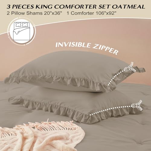 Image of HARBOREST King Comforter Set Oatmeal - Ruffle Comforter for King Size Bed, Fluffy King Size Comforter Set for All Seasons, 3 Pieces Shabby Chic Bedding Comforter Set(1 Comforter & 2 Pillow Shams)