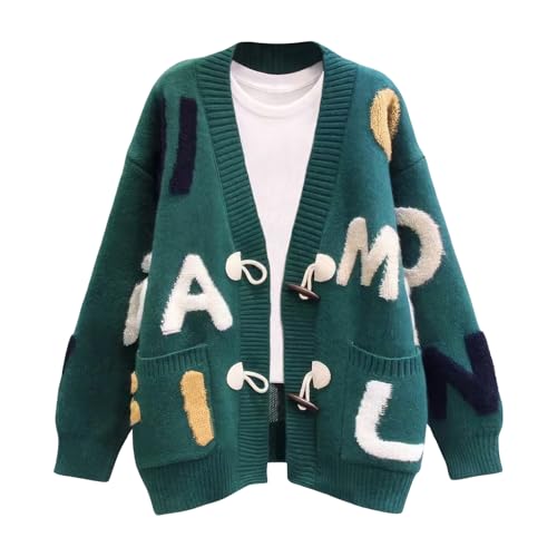 Image of ebossy Women's Cute Alpha Embroidery Cable Knit Cardigans Horn Button Sheep V Neck Slouchy Sweater Coat