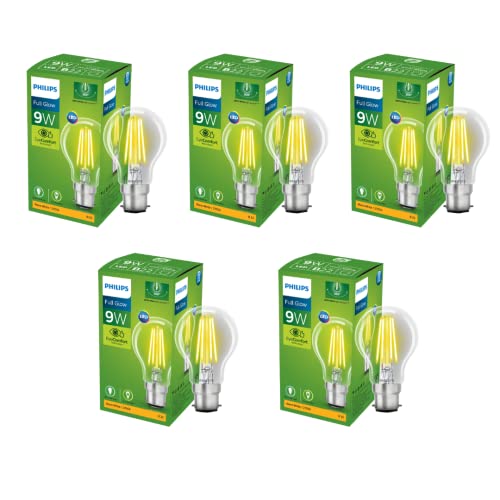 Image of Philips Full Glow 9-watt B22 Clear LED Bulb | Warm White, Pack of 5