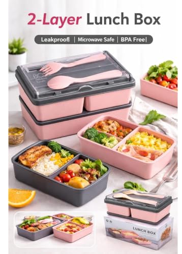 Image of 2 Layer Lunch Box with Spoon & Fork, Leakproof BPA Free Lunch Container, Microwave Safe Food Storage Box for Office, School & Travel