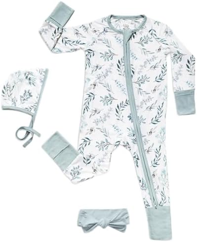 Miaoberry 95% Viscose from Bamboo 5% Spandex Baby Sleeper Gift Set – Footie Pajamas with Bonnet, Bow & Hello World Sign, Soft Neutral Newborn Coming Home Outfit – Eucalyptus Greenery Print