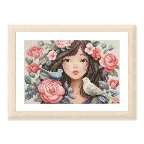 Kit broderie point de croix compté Lanarte Elle a plongé dans les roses 43x29 cm