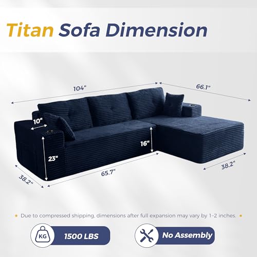 Image of MAXYOYO 104 inch Modular Sectional Couch with L-Shape Chaise, Modern Boneless Couch for Living Room, Sofa in A Box, Oversized Sofa with Deep Seat, No Assembly Required, Navy