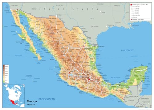 Mexico Physical Map - 16.53 x 23.38 inches - Paper Laminated