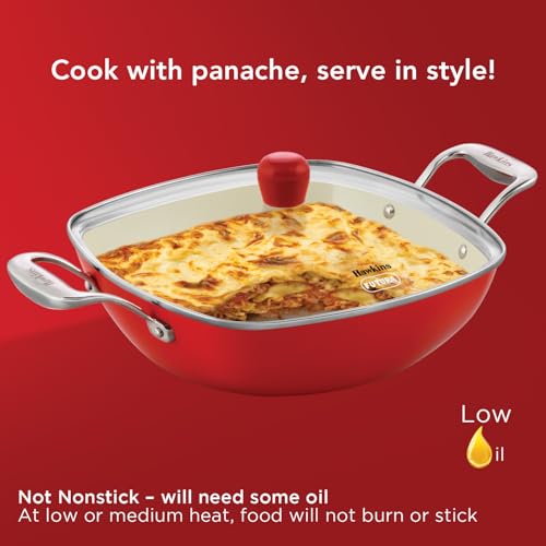 Image of Hawkins 3 Litre Que Cera Cera Kadhai with Glass Lid - Induction & GasSquircle Shape Kadai for Frying | Sauteing & Everyday Cooking | Red (ICQK30G)
